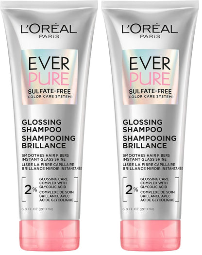 L'Oreal Paris Glossing Sulfate Free Shampoo with Glycolic Acid, Hair Care for Lasting Shine and Smoothness for Dull, Dry Hair, EverPure, 6.8 Fl Oz, (Pack of 2)
