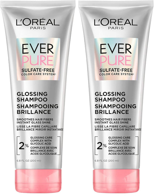 L'Oreal Paris Glossing Sulfate Free Shampoo with Glycolic Acid, Hair Care for Lasting Shine and Smoothness for Dull, Dry Hair, EverPure, 6.8 Fl Oz, (Pack of 2)