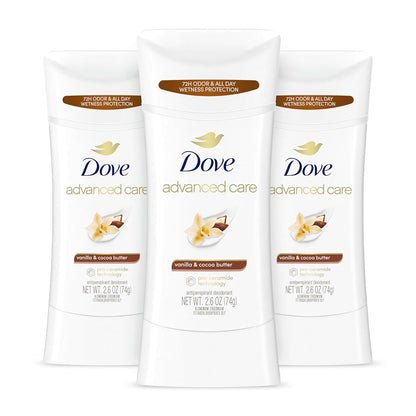 Dove Advanced Care Antiperspirant Deodorant Stick Vanilla & Cocoa Butter 3 Count Antiperspirant deodorant with Pro-Ceramide Technology 72-hour odor control and all-day sweat protection 2.6 oz