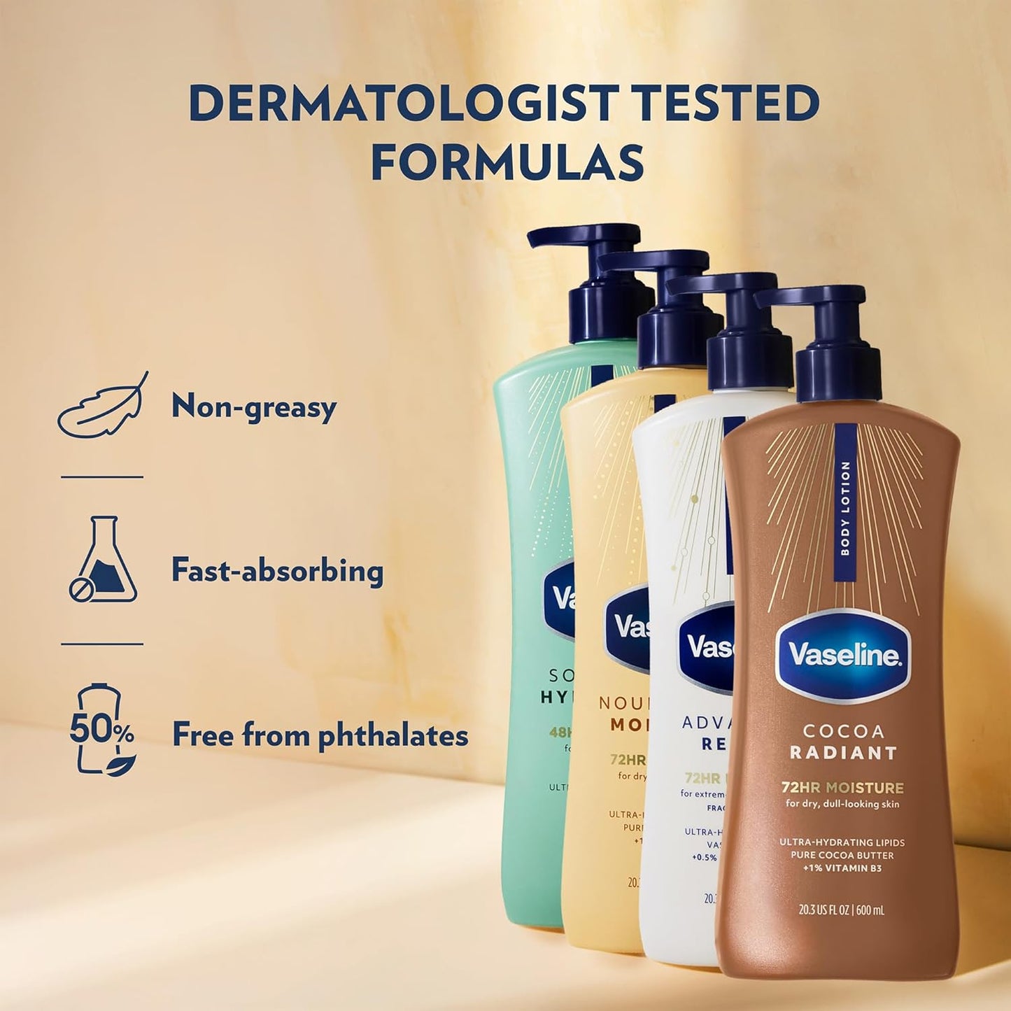 Vaseline Intensive Care Body Lotion Variety 4-Pack (Soothing Hydration, Advanced Repair, Cocoa Radiant, Nourishing Moisture) – Ultra-Hydrating Lotions for Extremely Dry Skin, 20.3 Fl Oz Ea