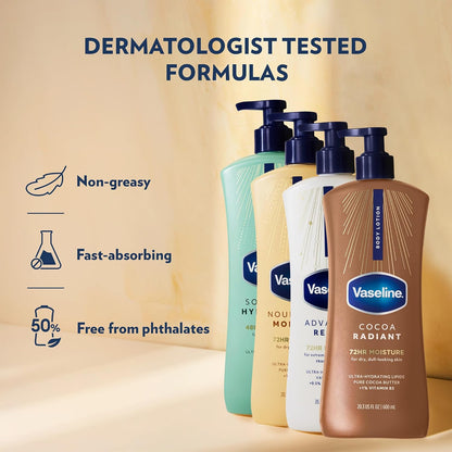 Vaseline Intensive Care Body Lotion Variety 4-Pack (Soothing Hydration, Advanced Repair, Cocoa Radiant, Nourishing Moisture) – Ultra-Hydrating Lotions for Extremely Dry Skin, 20.3 Fl Oz Ea