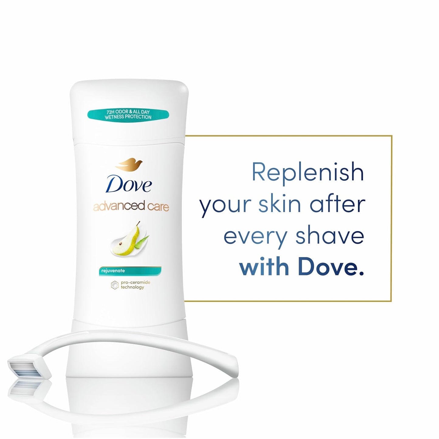 Dove Advanced Care Antiperspirant Deodorant Stick Rejuvenate 4 Count to help skin barrier repair after shaving by boosting skin's ceramide levels 72-hour odor control for soft underarms 2.6 oz