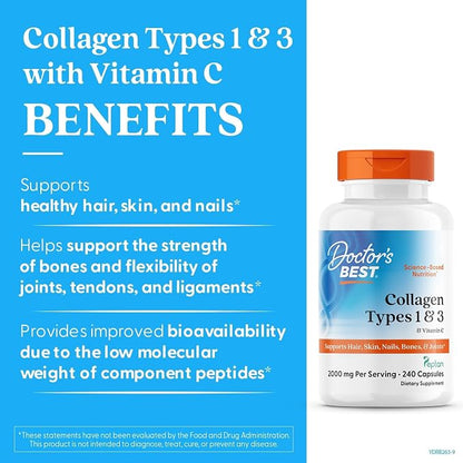 Doctor's Best Collagen Peptides Types 1 & 3, Supports Hair, 240 Capsules