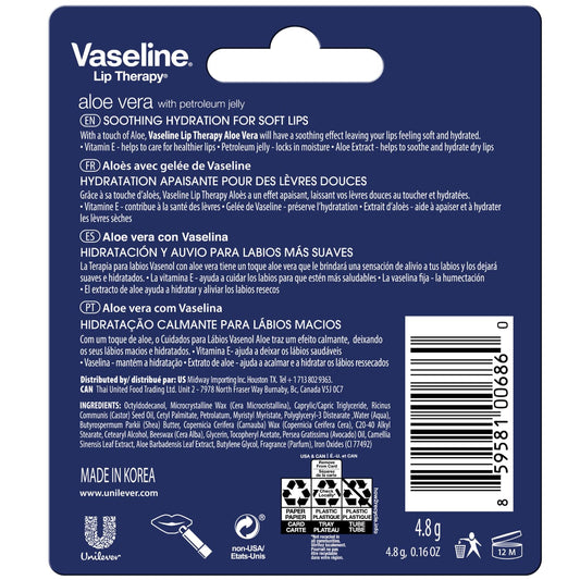 Vaseline Lip Therapy Aloe Fresh 8-Pack – Moisturizing Lip Balm for Very Dry Lips, 0.16 Oz Ea