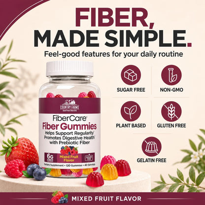 Country Farms Fiber Care Prebiotic Gummies, 6g of Fiber Per Serving, FOS from Beets, Digestive Health, Supports Regularity, Mixed Fruit Flavor