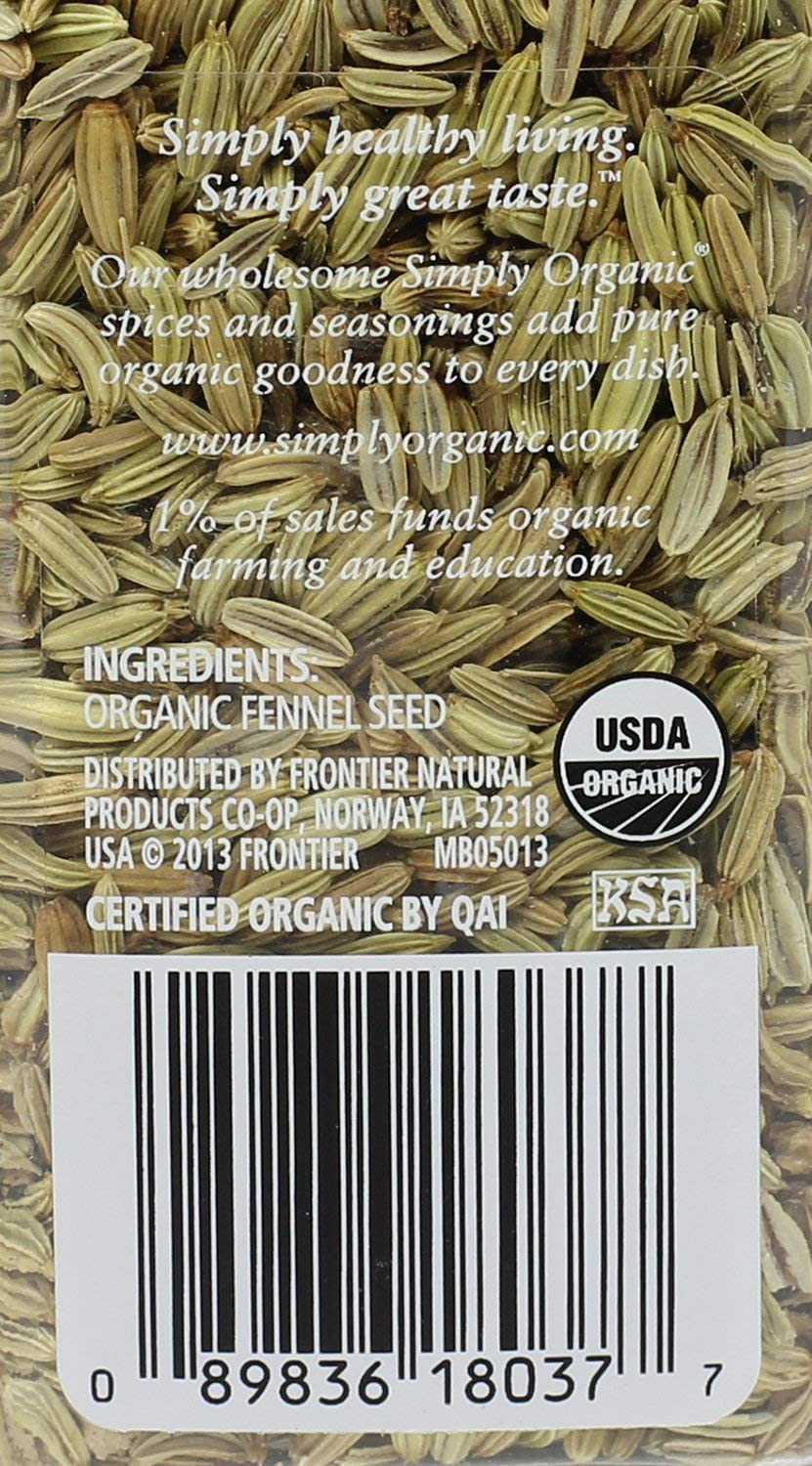 Simply Organic Whole Fennel Seed, 1,90 oz, Mild Sweet Flavor, Aromatic, Reminiscent of Licorice, Kosher (Pack of 2)
