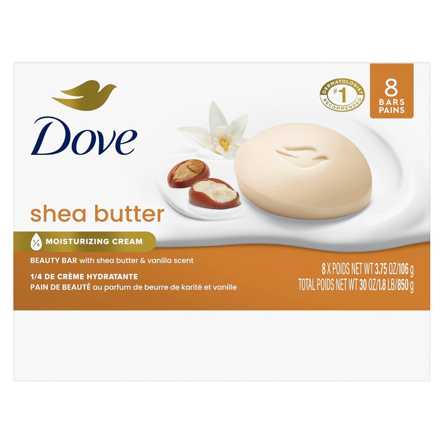 Dove Shea Butter Beauty Bar Soap 8 Count, Nourishing Cleanser, 3.75 oz I Moisturizing beauty bar with ¼ moisturizing cream and shea butter for soft, radiant skin
