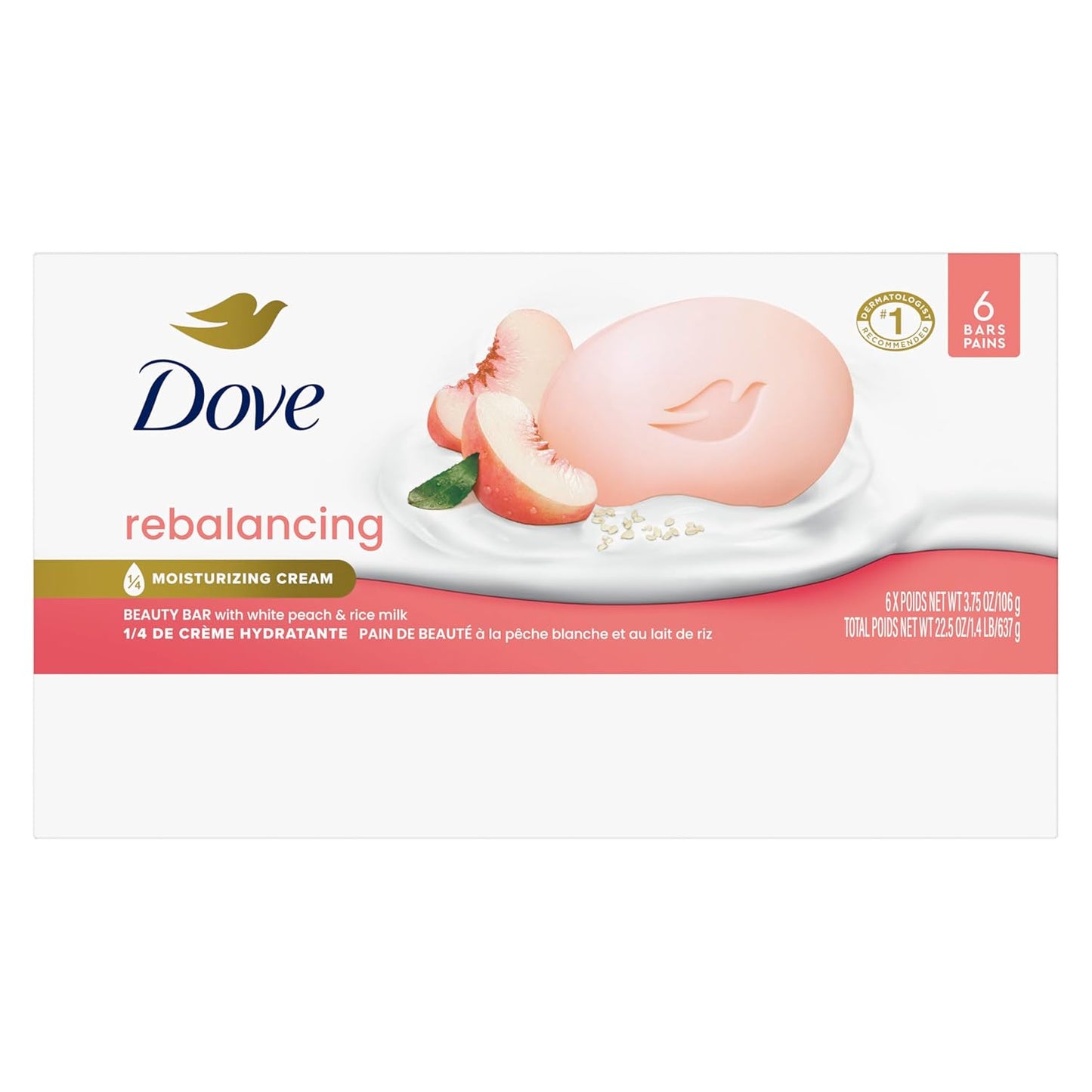 Dove Rebalancing Beauty Bar Soap 6 Count, White Peach & Rice Milk, 3.75 oz I Plant-based beauty bar with white peach and rice milk for soft, moisturized skin