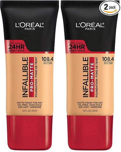 L'Oreal Paris Cosmetics Makeup Infallible Pro-Matte Liquid Longwear Foundation, Golden Sun Beige, 1 fl oz (Pack of 2)