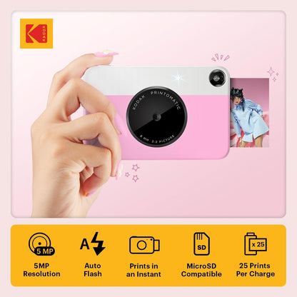 KODAK Printomatic Full-Color Instant Print Digital Camera, Zink 2x3" (5.1x7.5 cm) Sticky-Back Photo Paper, 5MP, Portable, Creative Fun Gift for Birthday, Christmas, Holiday, Pink