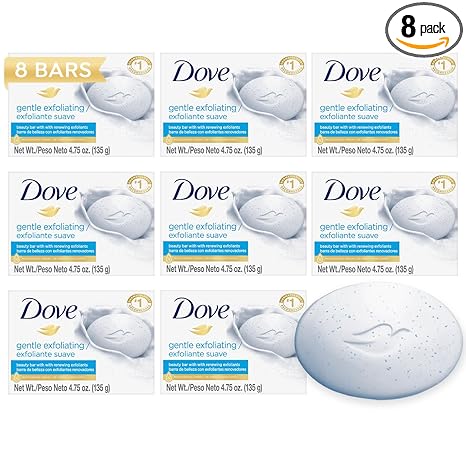 Dove Soap, Gentle Exfoliating Beauty Bar 8-Pack – 3-in-1 Moisturizing Face, Body & Hand Soap, 4.75 Oz Ea