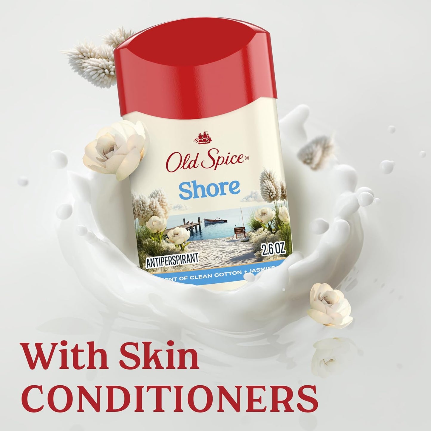 Old Spice Dry Feel Antiperspirant Deodorant for Men, 24/7 Long Lasting Freshness, 24/7 Sweat & Odor Protection, Gentle on Skin with Skin Conditioners, Shore with Clean Cotton & Jasmine Scent, 2.6 oz