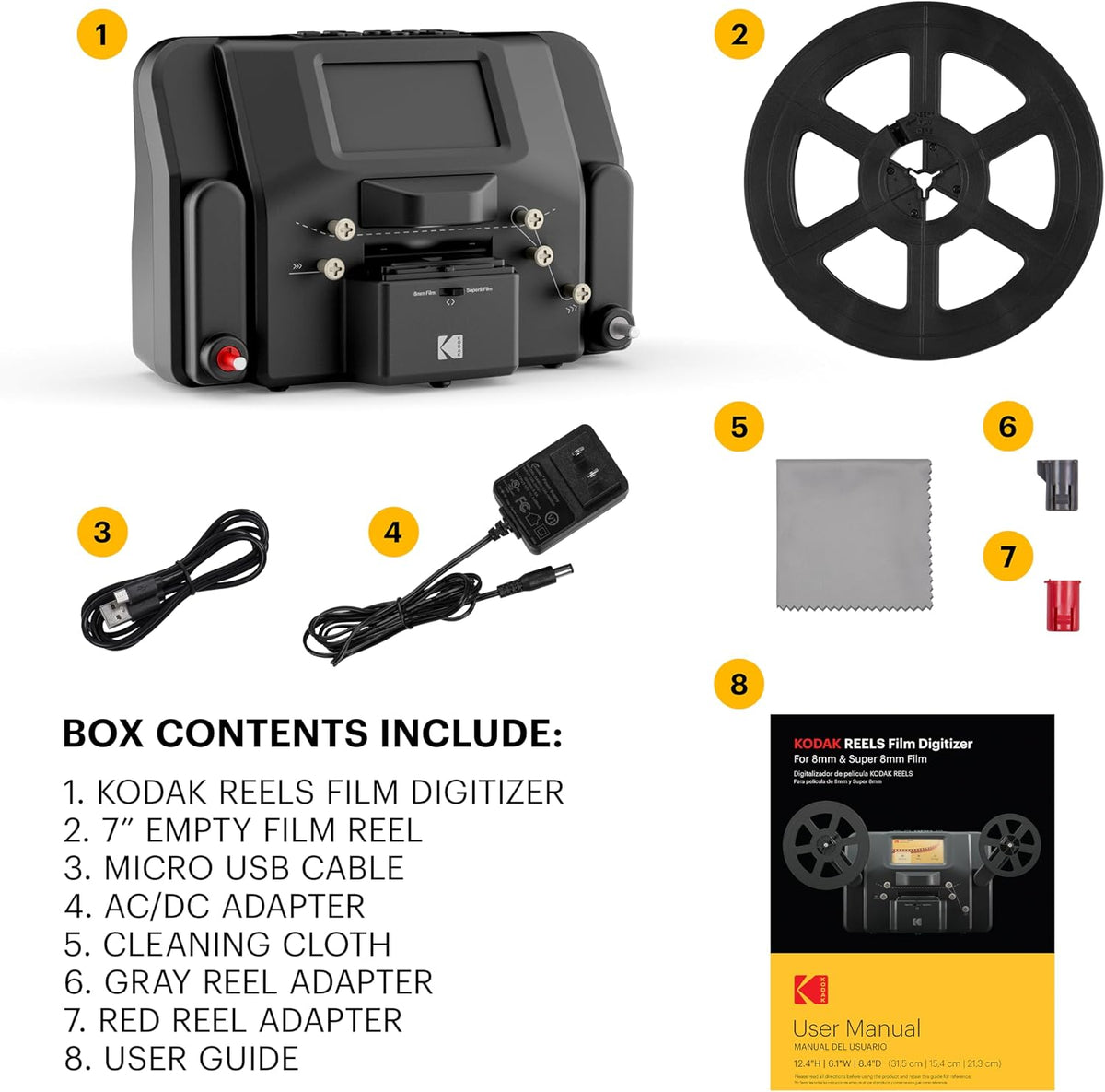 KODAK REELS 8mm & Super 8 Film Digitizer, 1080p MP4, 5" LCD, 8MP Scanner