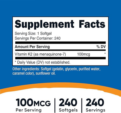 Nutricost Vitamin K2 MK-7 100 mcg, 240 Softgels, Gluten Free, GMO-Free