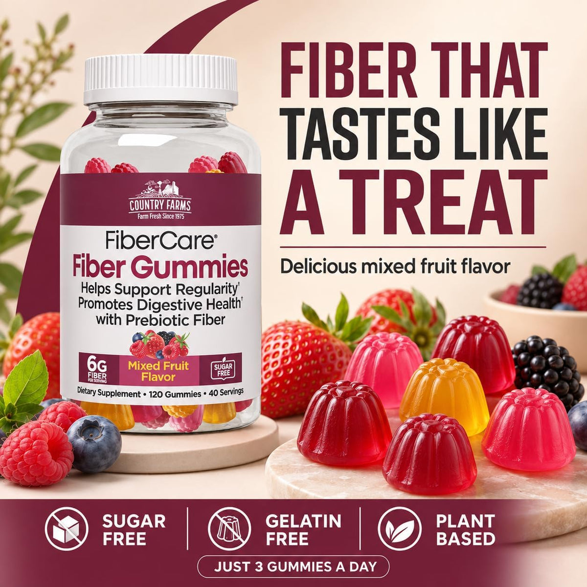 Country Farms Fiber Care Prebiotic Gummies, 6g of Fiber Per Serving, FOS from Beets, Digestive Health, Supports Regularity, Mixed Fruit Flavor