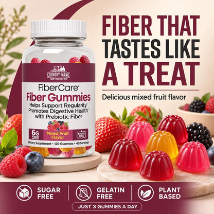 Country Farms Fiber Care Prebiotic Gummies, 6g of Fiber Per Serving, FOS from Beets, Digestive Health, Supports Regularity, Mixed Fruit Flavor