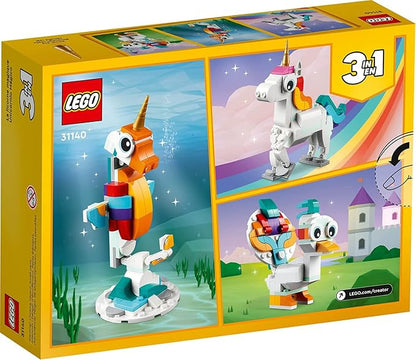 LEGO Creator 3 in 1 Magical Unicorn Toy, Transforms to Seahorse to Peacock, Rainbow Animal Figures, Unicorn Gift for Grandchildren, Girls and Boys, Buildable Toys, 31140