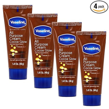 Vaseline All Purpose Cream Cocoa Glow, with Pure Cocoa Butter, 4-Pack, 1.41 FL Oz Each, 4 Tubes