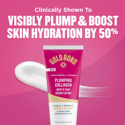 Gold Bond Plumping Collagen Body & Face Serum Lotion, Hydrating Moisturizer | Scented lotion with collagen peptide complex, jojoba & grapeseed oils to visibly plump skin, cherry blossom scent, 8 oz
