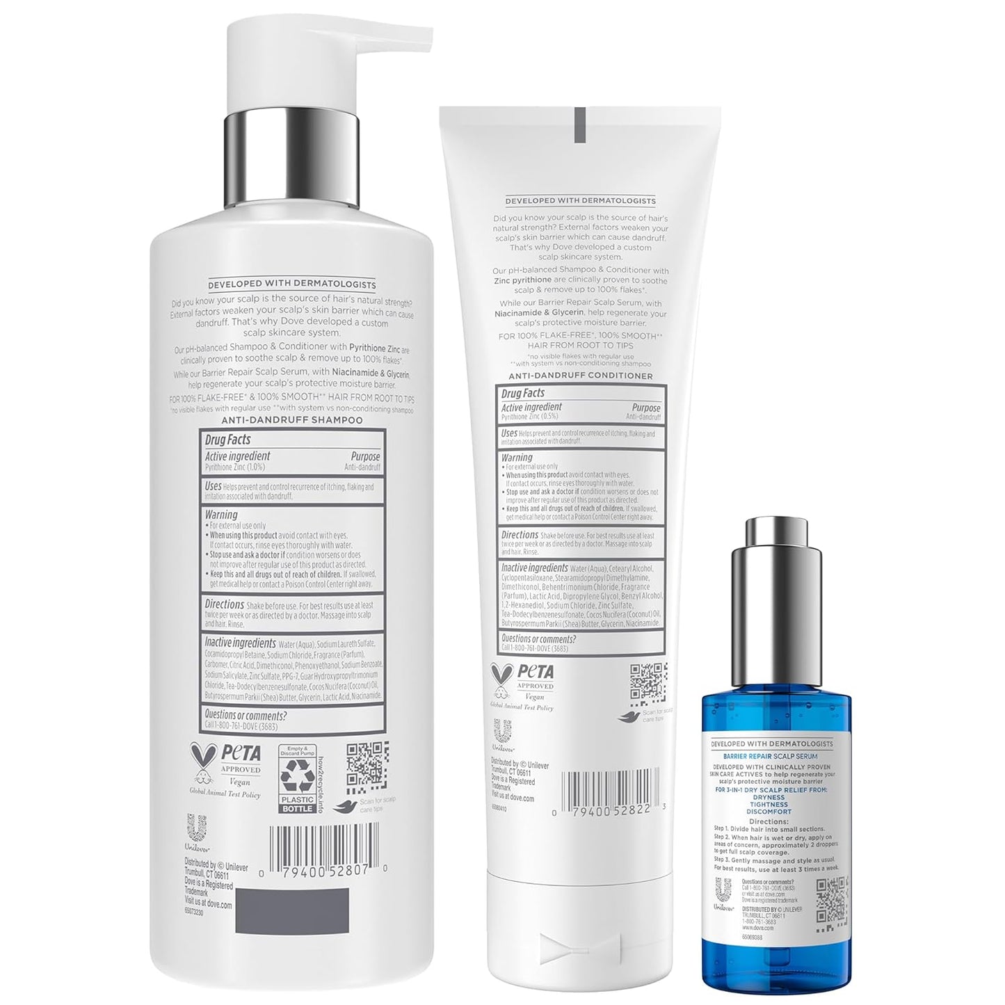 Dove Derma Scalp Anti-Dandruff Shampoo, Conditioner + 3-in-1 Scalp Serum – Dandruff & Itch Relief Treatment with 1% Pyrithione Zinc, Niacinamide