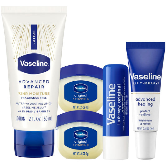 Vaseline Travel Essentials, Fragrance-Free Skin & Lip Care – Advanced Repair Unscented Lotion + Lip Therapy, Advanced Healing Tube, Original Stick & Mini Jars