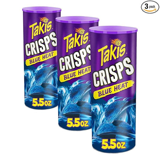 Takis Blue Heat Crisps - Hot Chili Pepper Flavored Extreme Spicy Potato Crisps Sharing Size Can (Pack of 3)