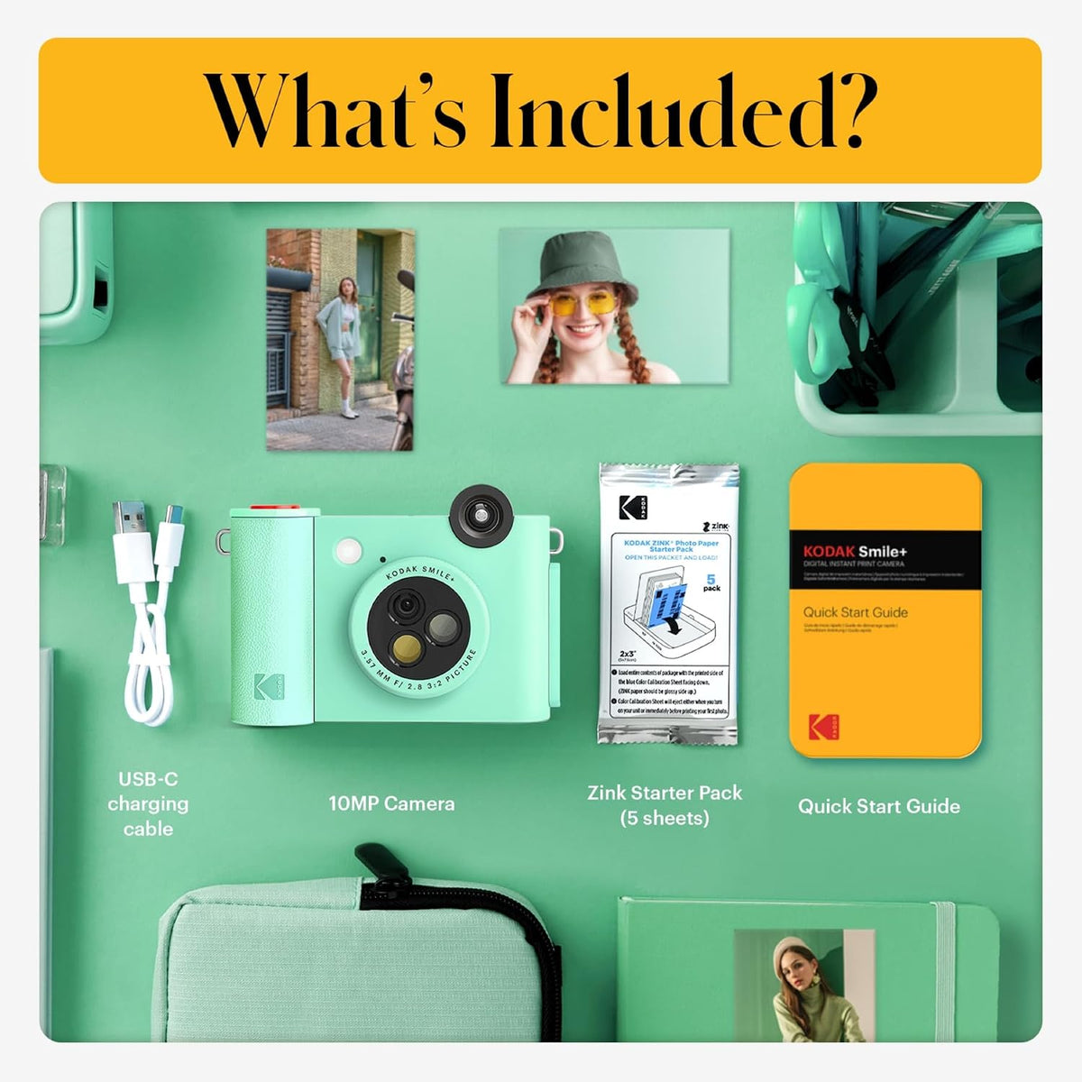 Kodak Smile+ 2-in-1 Digital Instant Print Camera & Wireless Bluetooth Photo Printer - 10MP, Special-Effect Rotating Lens, Zink 2x3” Sticky-Back Photos, Print via Fun App from Smart Devices - Green