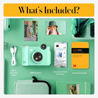 Kodak Smile+ 2-in-1 Digital Instant Print Camera & Wireless Bluetooth Photo Printer - 10MP, Special-Effect Rotating Lens, Zink 2x3” Sticky-Back Photos, Print via Fun App from Smart Devices - Green