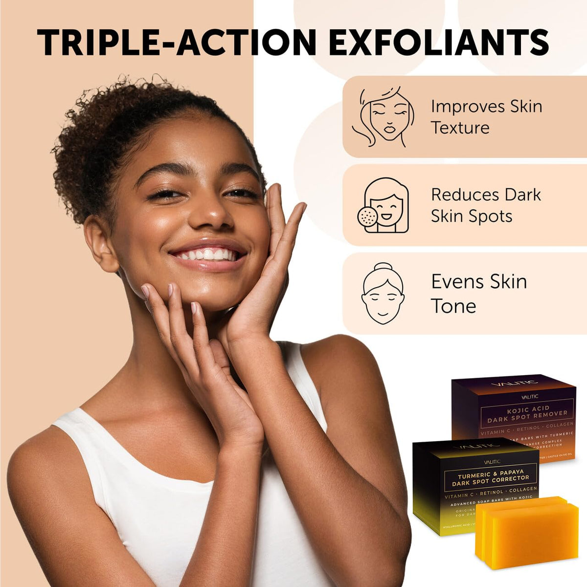 VALITIC Papaya and Turmeric Kojic Acid Soap Bar for Dark Spots, 4 Pack