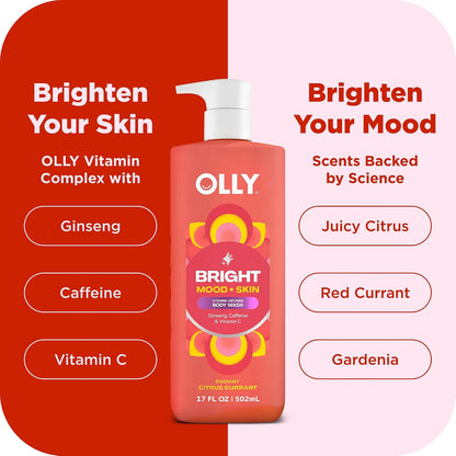 OLLY Bright Body Wash with Ginseng, Caffeine & Vitamin C- Nourishing 17 oz