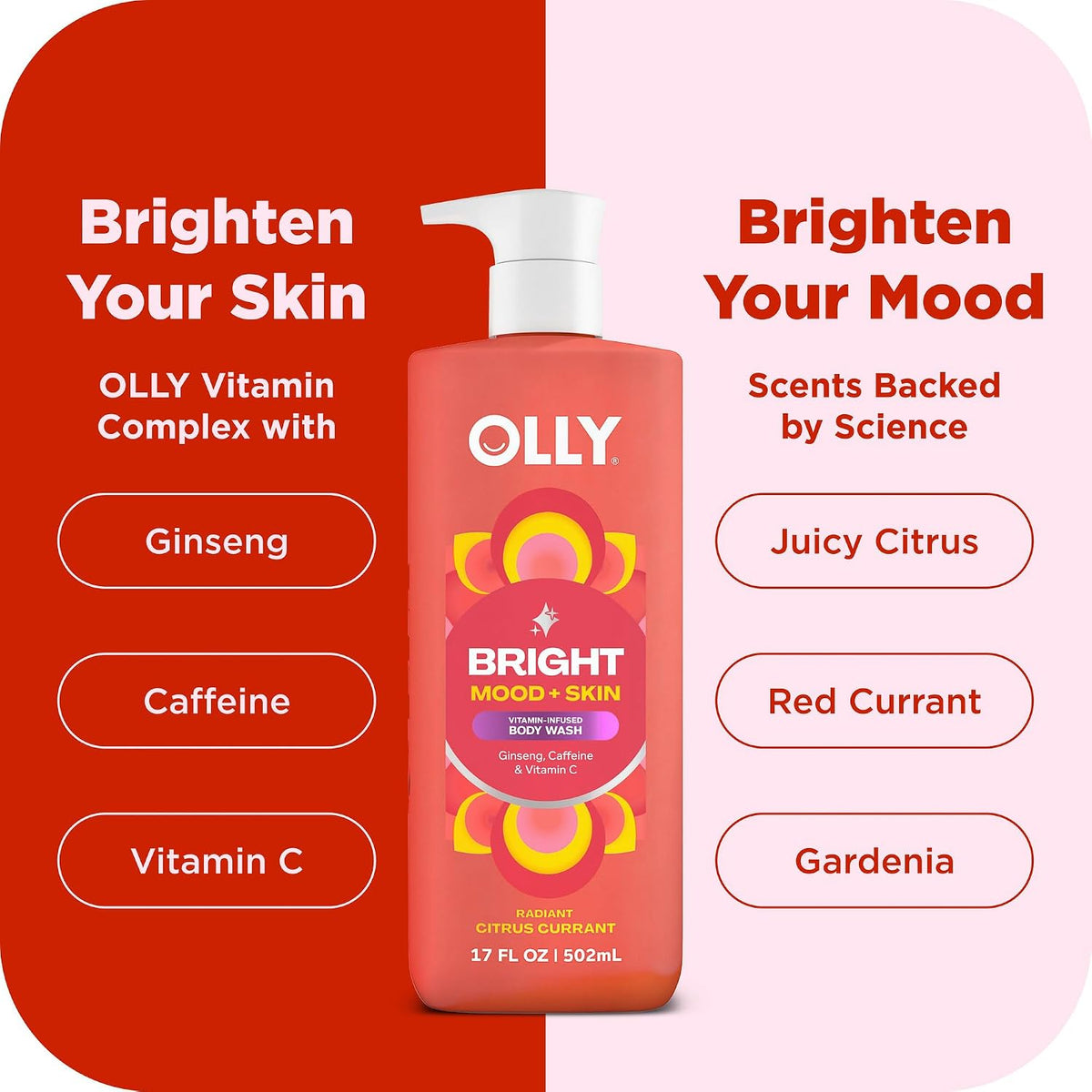 OLLY Bright Body Wash with Ginseng, Caffeine & Vitamin C- Nourishing, 17 Ounce (Pack of 4)