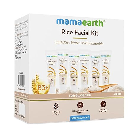 Mamaearth Rice Facial Kit, 60g | Includes cleanser, scrub, gel, massage cream, mask, and glow cream.