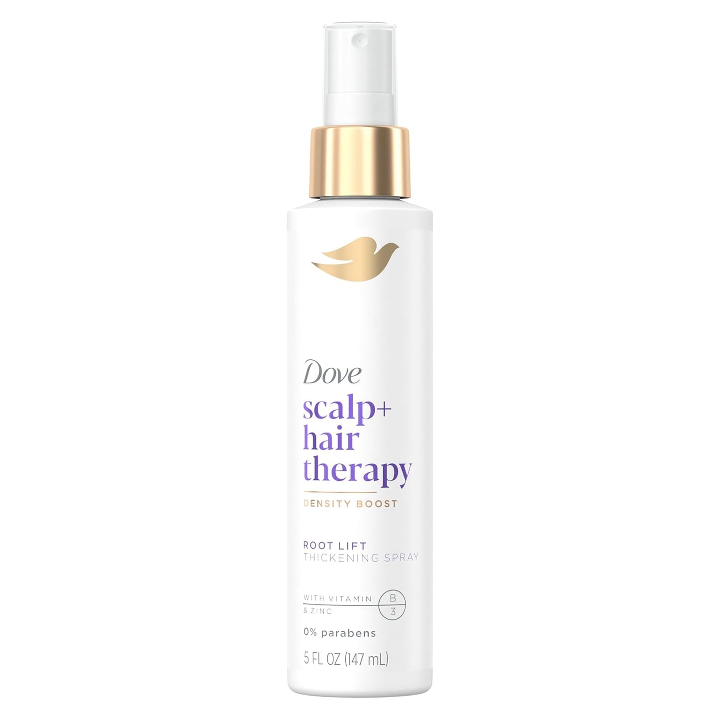 Dove Density Boost Root Lift Thickening Spray for Fuller Hair and Scalp Therapy, with Vitamin B3, Zinc and 0% sulfates, 5 oz