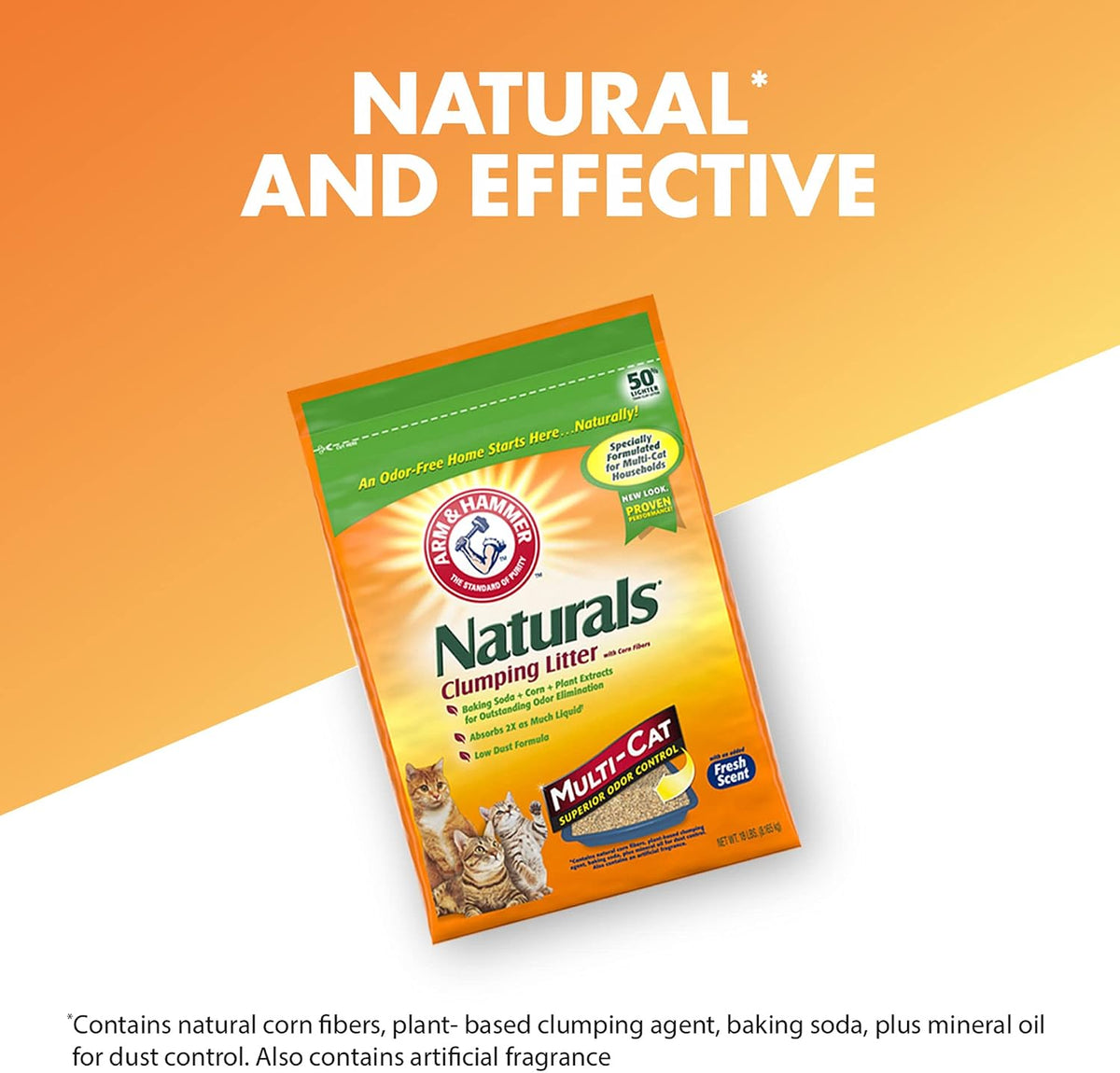 ARM & HAMMER Naturals Clumping Cat, Litter Odor Control, Multi Cat Litter, 18 lb. Bag (Pack of 2)