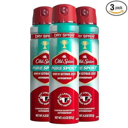 Old Spice Men's Antiperspirant & Deodorant Invisible Dry Spray Pure Sport Plus 24/7 Odor Protection, 4.3oz (Pack of 3)