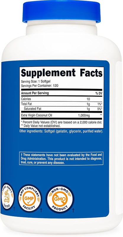 Nutricost Coconut Oil Softgels (1000mg) 120 Softgels, Extra Virgin