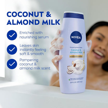 NIVEA Pampering Coconut and Almond Milk Body Wash, 20 Fl Oz (Pack of 12)