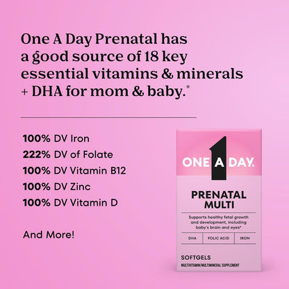 One A Day Prenatal Vitamins- Folic Acid, Iron, Omega- 3 (DHA), Pregnancy Vitamins for Women, Prenatal Multivitamin for Mom and Baby Support, Pregnancy Must Haves 90 Ct (Packaging May Vary)