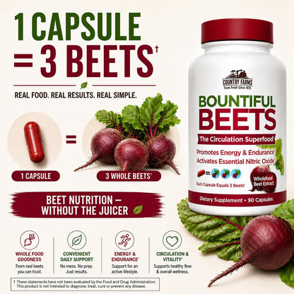 Country Farms Bountiful Beets Root Capsules, Wholefood Beet Extract Superfood, Natural Nitric Oxide Booster, Supports Natural Energy, Circulation and Immune Support, 180 Count, 2 Pack