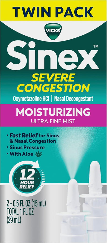 Vicks Sinex Severe Nasal Spray, Moisturizing Ultra Fine Mist with Aloe, Decongestant Medicine, Relief from Stuffy Nose Due to Cold or Allergy, Nasal Congestion & Sinus Pressure Relief, 265 Sprays x 2