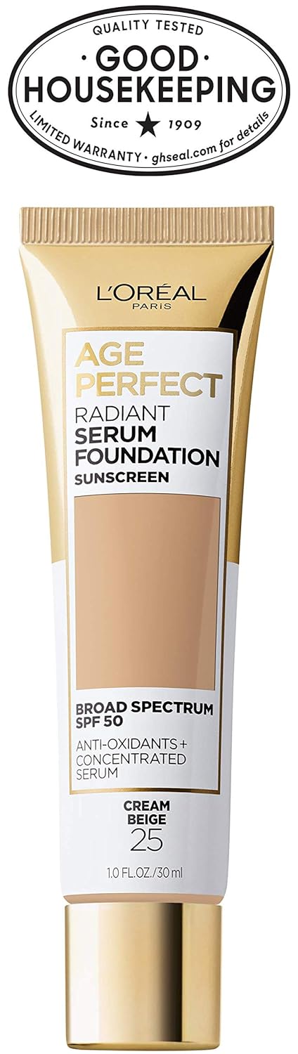 L'Oreal Paris Age Perfect Radiant Serum Foundation with SPF 50, Cream Beige, 1 Ounce