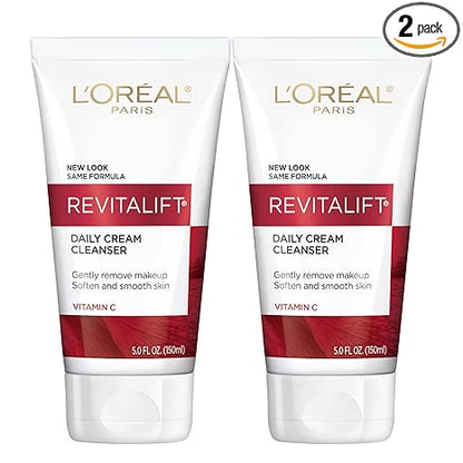 L'Oreal Paris Revitalift Daily Cream Cleanser, Gentle Makeup Remover Face Wash with Vitamin C 5 fl. oz (Pack of 2)