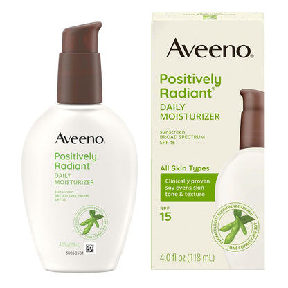 Aveeno Positively Radiant Daily Face Moisturizer with SPF 15 Sunscreen, Hydrating Face Lotion with Soy Extract to Improve Skin Tone and Texture, Hypoallergenic Formula, Oil-Free, 4 Fl Oz