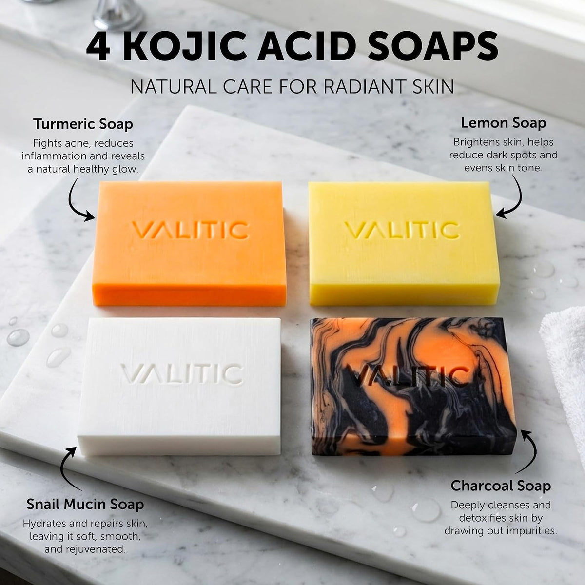 VALITIC Kojic Acid Soap Bars 4 Assorted Dark Spot Remover Soaps Gift Set