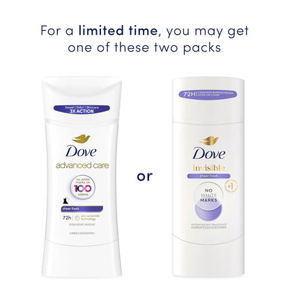 Dove Advanced Care Antiperspirant Deodorant Stick Sheer Fresh for Soft, Resilient Skin, with No White Marks & 72-Hour Sweat & Odor Protection, 2.6 oz
