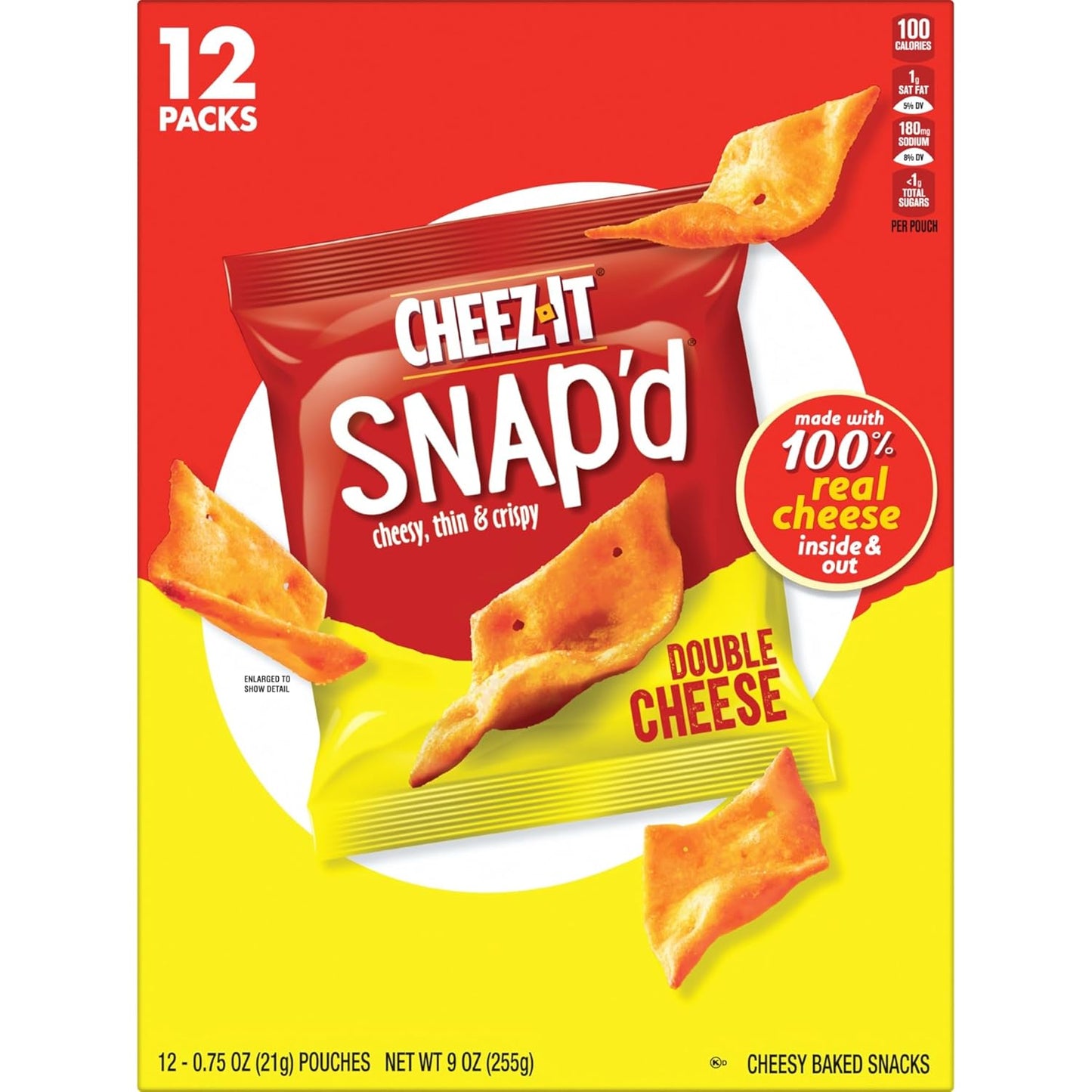 Cheez-It Snap'd Cheese Cracker Chips, Thin Crisps, Lunch Snacks, Double Cheese, 9oz Box (12 Pouches)