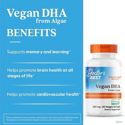 Doctors Best Vegan DHA from Algae, Non-GMO, 60 Veggie Softgels
