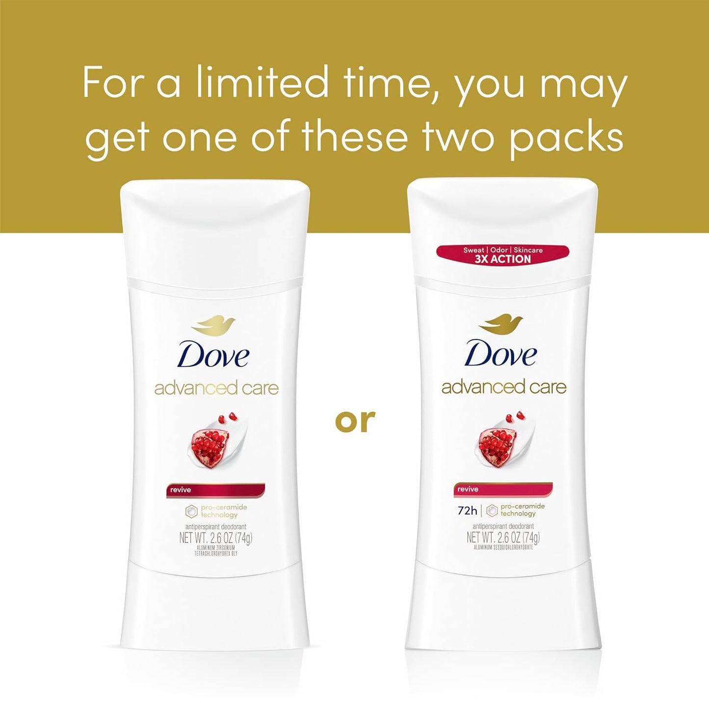 Dove Advanced Care Antiperspirant Deodorant for Women Revive 72 hour sweat and odor protection 2.6 oz (Packaging May Vary) (Pack of 12)