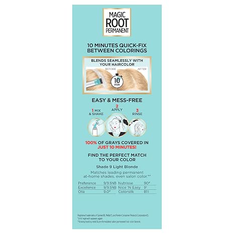 L'Oreal Paris Magic Root Permanent Hair Color Kit, 100% Gray Hair Coverage In Just 10 Minutes, Precision Brush Applicator for Seamless Application, 9 Light Blonde (1 Count)
