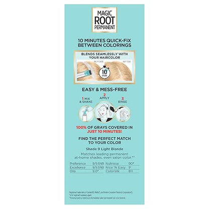 L'Oreal Paris Magic Root Permanent Hair Color Kit, 100% Gray Hair Coverage In Just 10 Minutes, Precision Brush Applicator for Seamless Application, 9 Light Blonde (1 Count)